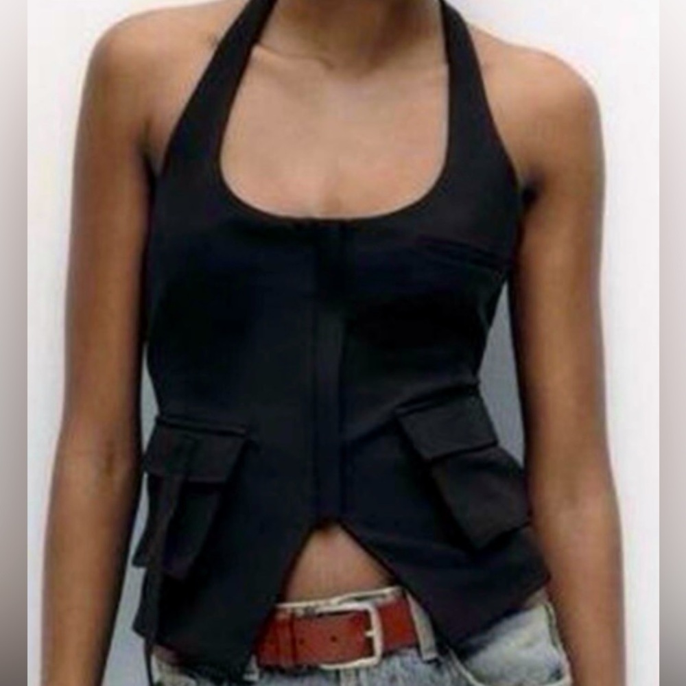 ZARA Black Halter Top With Pockets - Size S (L) - NEW